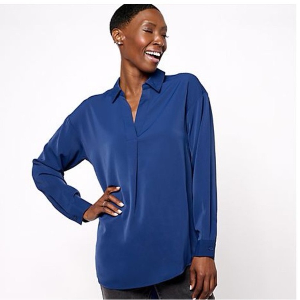 GIRL WITH CURVES Faux Silk Collard Hi-Low Hem Blouse A615267